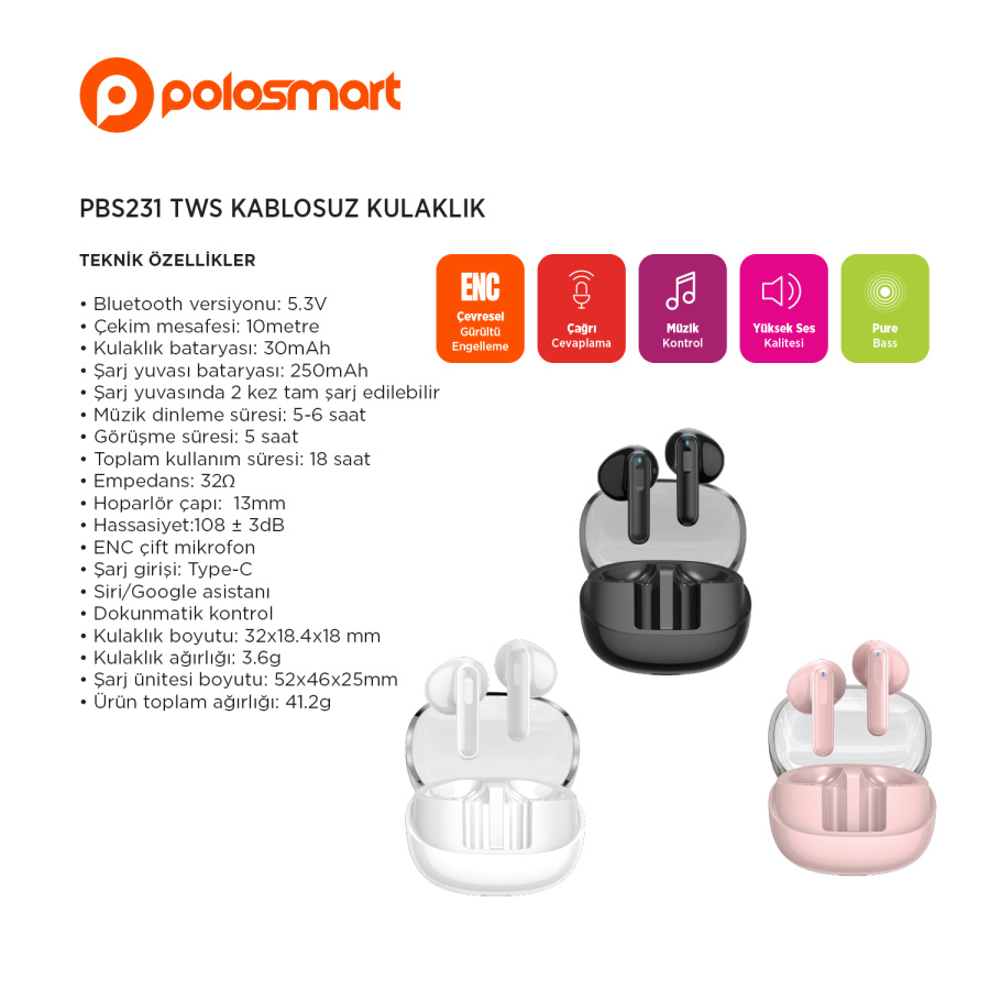Polosmart PBS231 Tws Kablosuz Kulaklık-Beyaz - 1