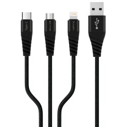 Polosmart PBS412 Type-C / Micro USB / Lightning 3 in 1 Şarj Kablosu 1.2 Metre Siyah - Polosmart