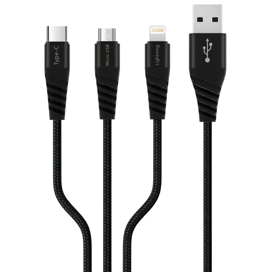 Polosmart PBS412 Type-C / Micro USB / Lightning 3 in 1 Şarj Kablosu 1.2 Metre Siyah - 1