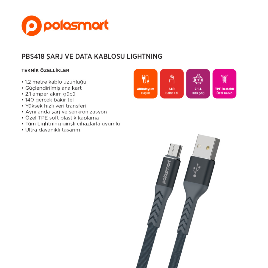 Polosmart PBS418 Şarj Ve Data Kablosu Lightning - 1