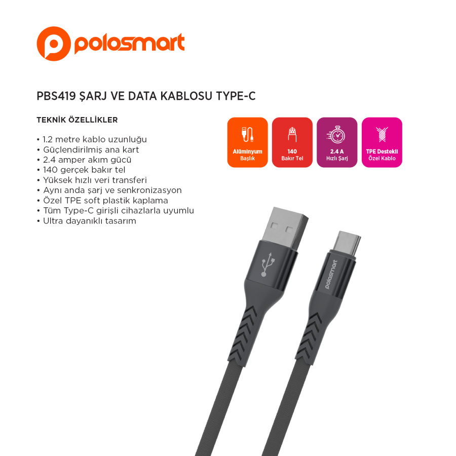 Polosmart PBS419 Şarj ve Data Kablosu Type-C - 1