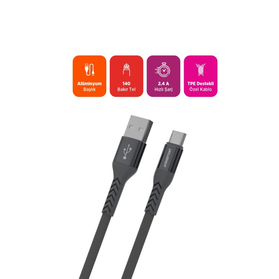 Polosmart PBS419 Type-C Şarj Kablosu 1.2M 2.4A Hızlı Şarj & Veri Aktarım Ultra Dayanıklı Gri - 2