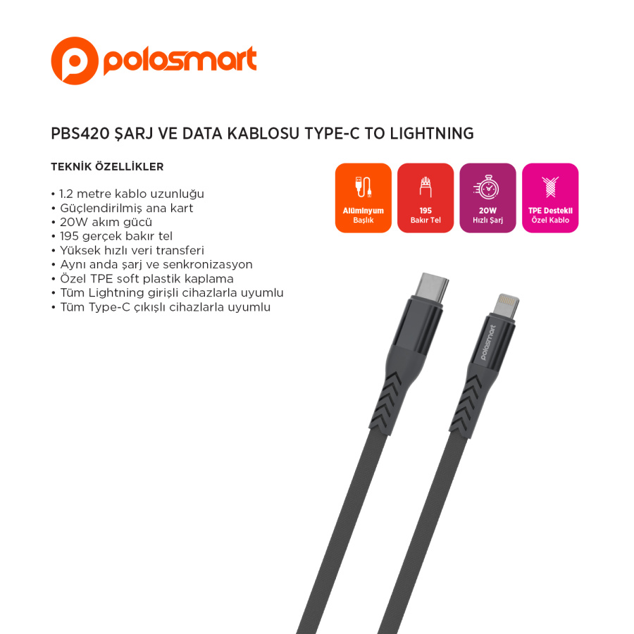 Polosmart PBS420 Şarj ve Data Kablosu Type-C To Lightning - 1