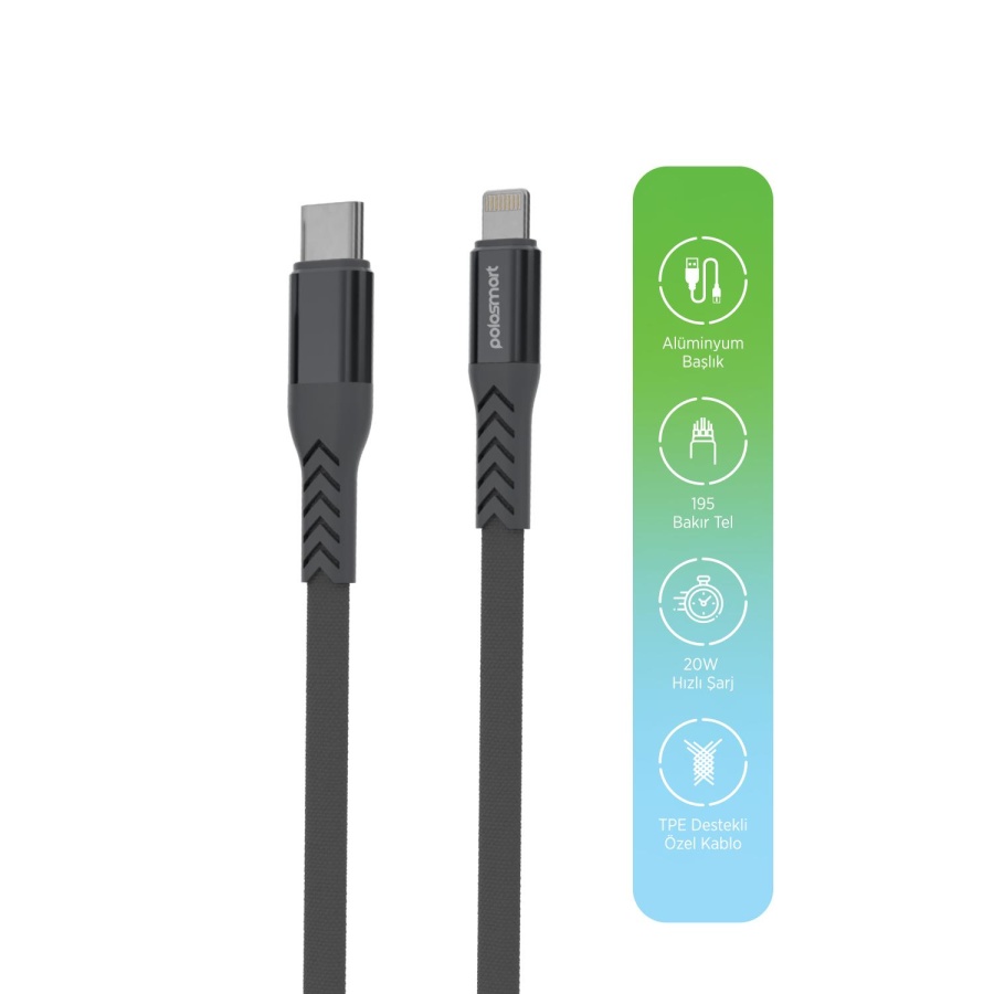 Polosmart PBS420 Type-C to Lightning 20W Hızlı Şarj ve Data Kablosu Antrasit - 2