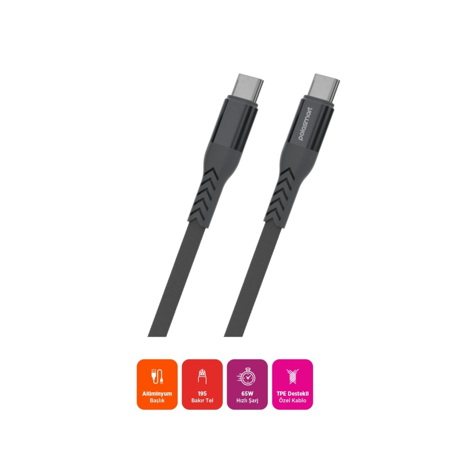 Polosmart PBS421 Hızlı 65W Type-C to Type-C Şarj ve Data Kablosu 1.2 Metre Gri - 2