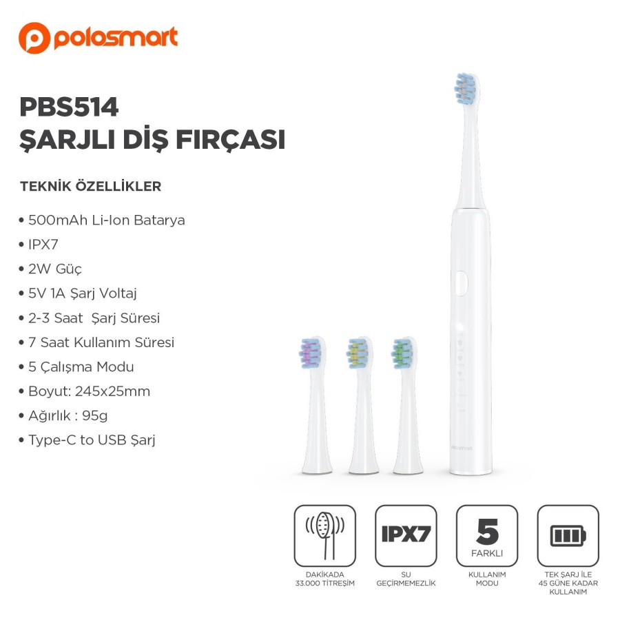 Polosmart PBS514 Şarjlı Diş Fırçası Beyaz - 3