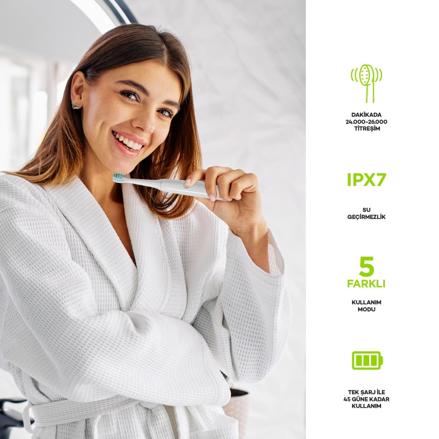 Polosmart PBS520 5 Mod Şarjlı Diş Fırçası IPX7 Su Geçirmez 4 Yedek Başlık Type-C Girişli Beyaz - 3