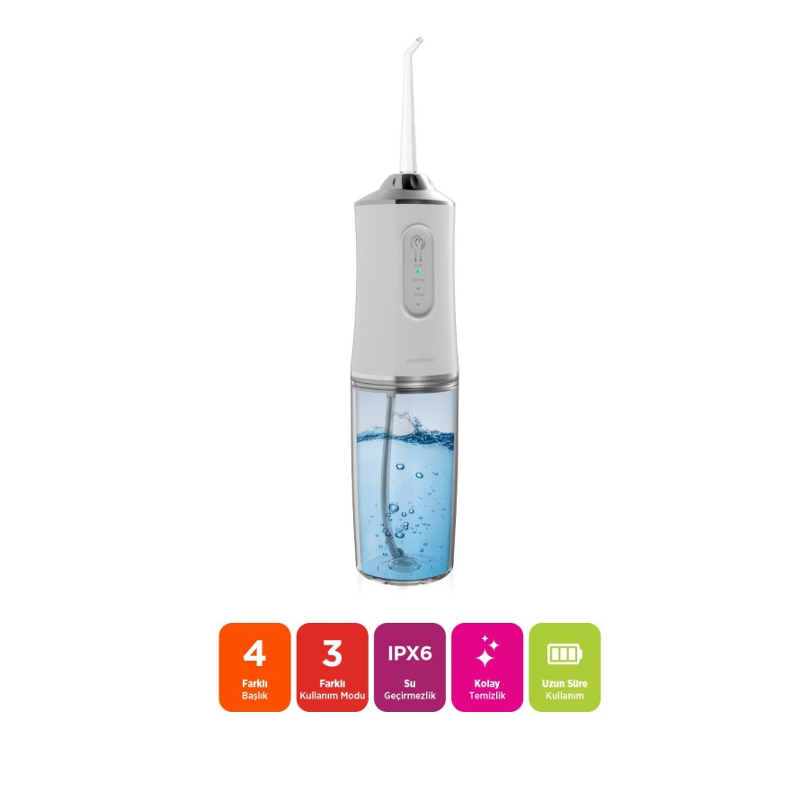 Polosmart PBS702 Şarjlı Ağız Duşu 3 Modlu 4 Yedek Başlık IPX6 Su Geçirmez Type-C Şarjlı Beyaz - 2