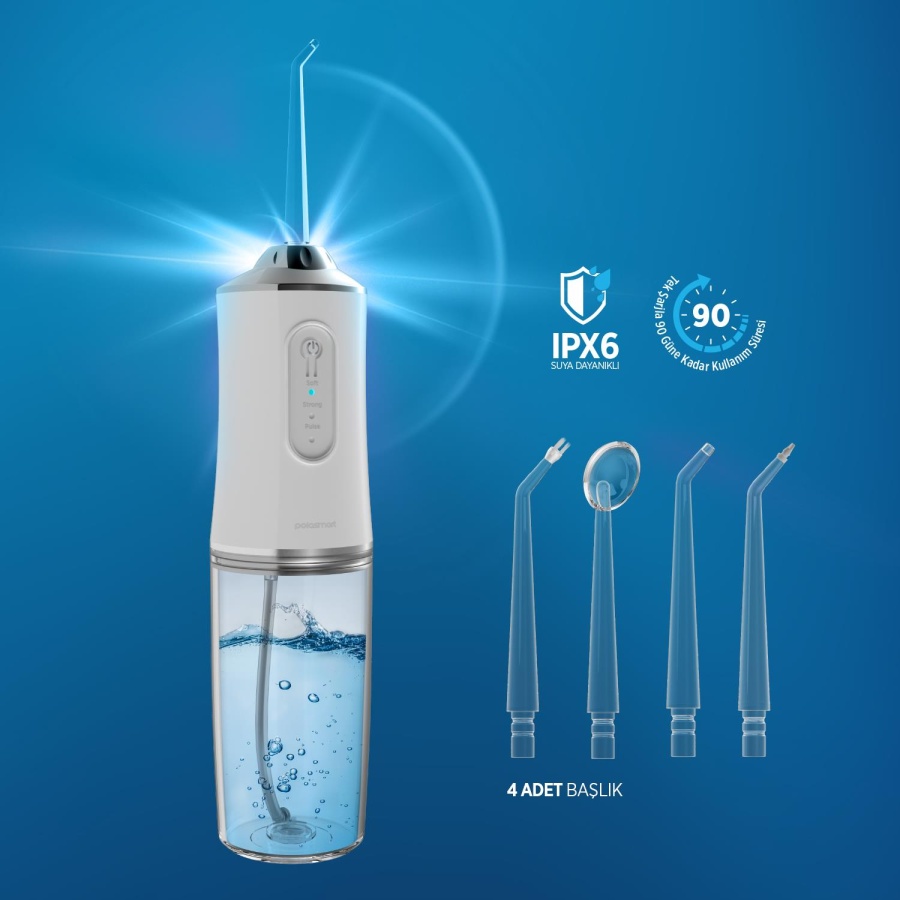 Polosmart PBS702 Şarjlı Ağız Duşu 3 Modlu 4 Yedek Başlık IPX6 Su Geçirmez Type-C Şarjlı Beyaz - 4