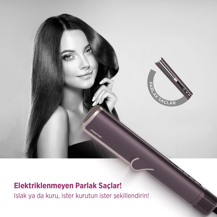 Polosmart PBS813 Dijital Ekranlı Hava Üflemeli 4 Kademeli Saç Düzleştirici Mor - 3