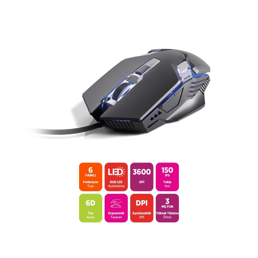 Polosmart PGM37 Kablolu RGB Led Aydınlatmalı 6 Tuşlu 3600DPI Gaming Oyuncu Mouse Siyah - 2
