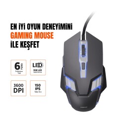 Polosmart PGM37 Kablolu RGB Led Aydınlatmalı 6 Tuşlu 3600DPI Gaming Oyuncu Mouse Siyah - 3