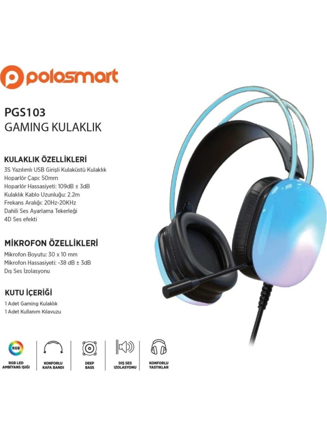 Polosmart PGS103 Kablolu 7.1 RGB Aydınlatmalı Gaming Oyuncu Kulaklık Mavi - 3