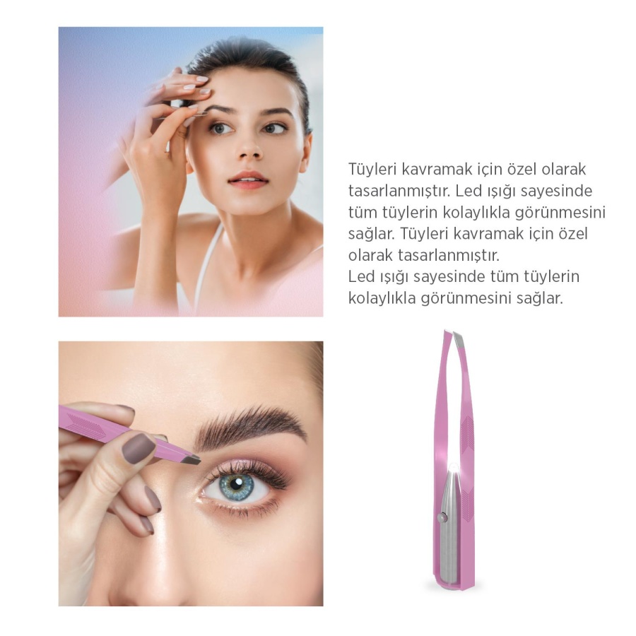 Polosmart PSC100 Paslanmaz Çelik Ergonomik İnce Uçlu Kaş Şekillendirici Led Işıklı Cımbız Pembe - 3