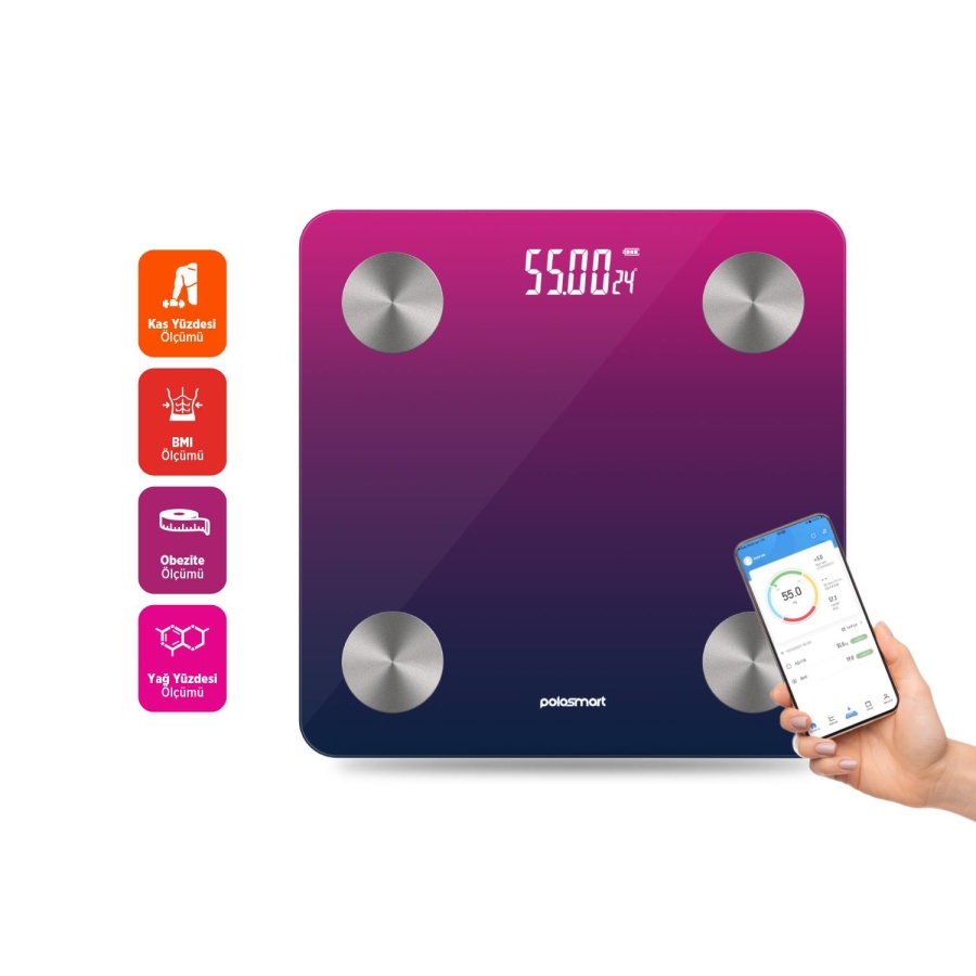 Polosmart PSC104 Pilli Bluetooth Vücut Analizli Yağ Kas Su Ölçer Hassas Akıllı Tartı Baskül Mor - 3