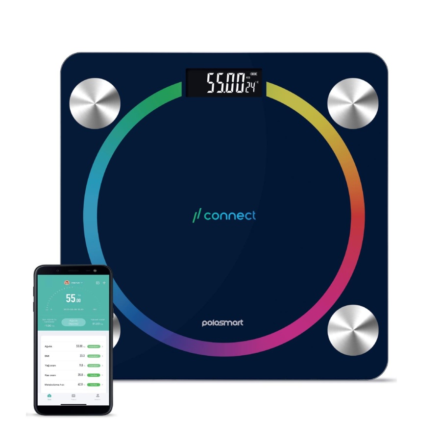 Polosmart PSC45 Pilli Bluetooth Vücut Analizli Yağ Kas Su Ölçer Hassas Akıllı Tartı Baskül Lacivert - 1