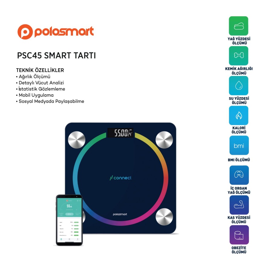Polosmart PSC45 Pilli Bluetooth Vücut Analizli Yağ Kas Su Ölçer Hassas Akıllı Tartı Baskül Lacivert - 3
