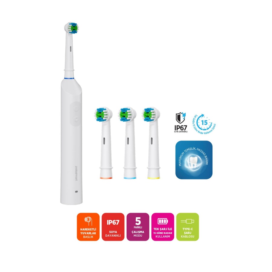 Polosmart PSC82 Şarjlı 5 Modlu IP67 Suya Dayanıklı Diş Fırçası Beyaz - 2
