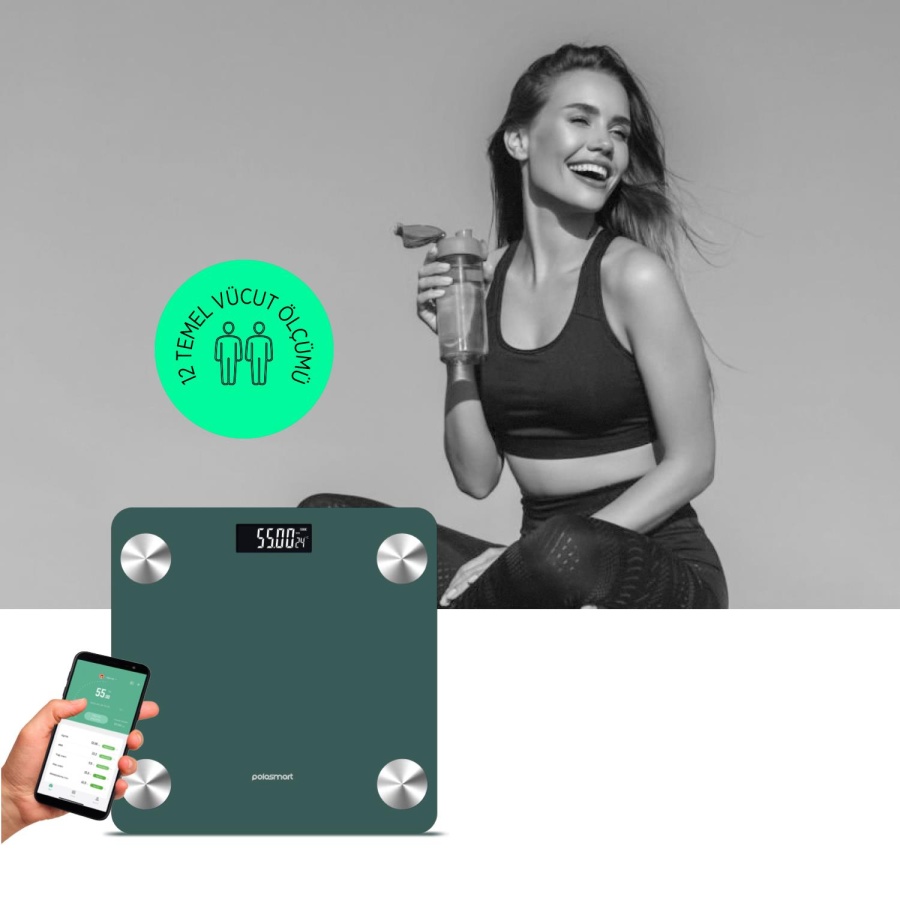 Polosmart PSC84 Pilli Bluetooth Vücut Analizli Yağ Kas Su Ölçer Hassas Akıllı Tartı Baskül Yeşil - 2