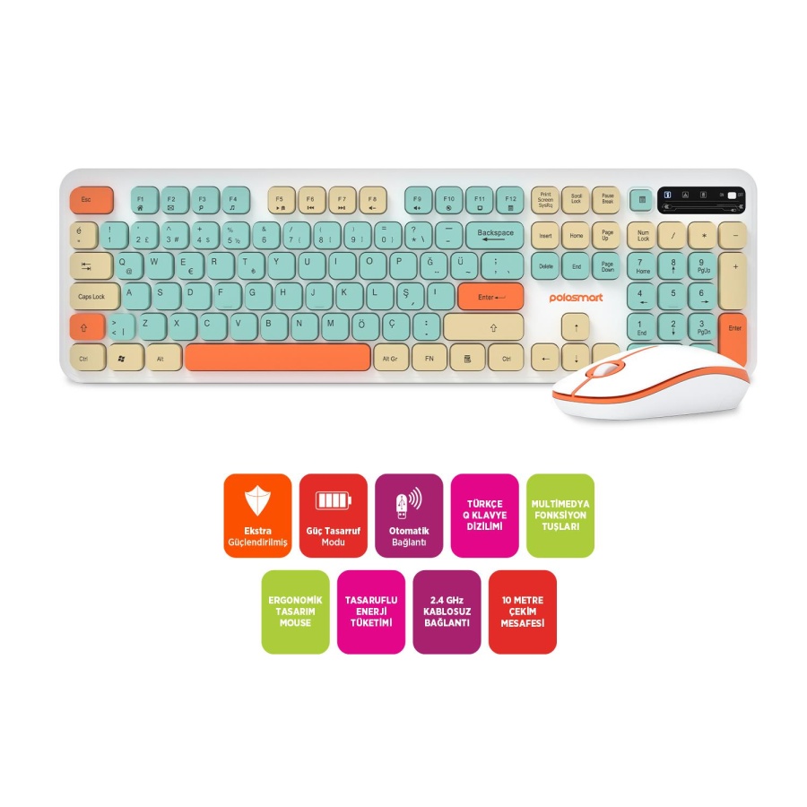 Polosmart PSK12 Kablosuz 2.4 Ghz Pilli Klavye & Mouse Set Beyaz - 3