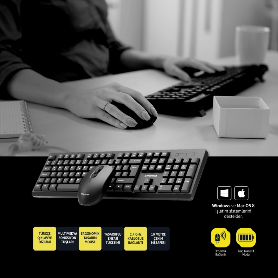 Polosmart PSK13 Kablosuz Klavye & Mouse Set Siyah - 3