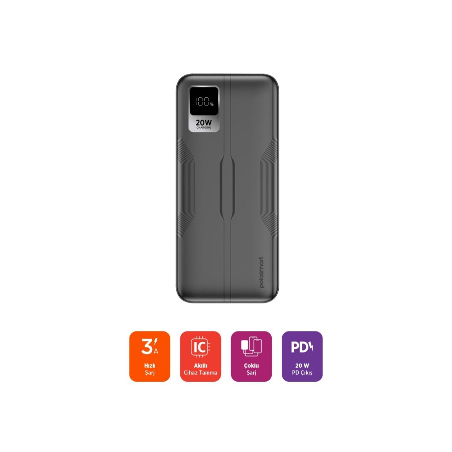 Polosmart PSM130 Taşınabilir 20W PD Çıkışı Dijital Göstergeli Şarj Cihazı Powerbank 10.000 mAh Antrasit - 2