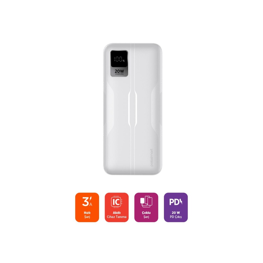 Polosmart PSM130 Taşınabilir 20W PD Çıkışı Dijital Göstergeli Şarj Cihazı Powerbank 10.000 mAh Beyaz - 4