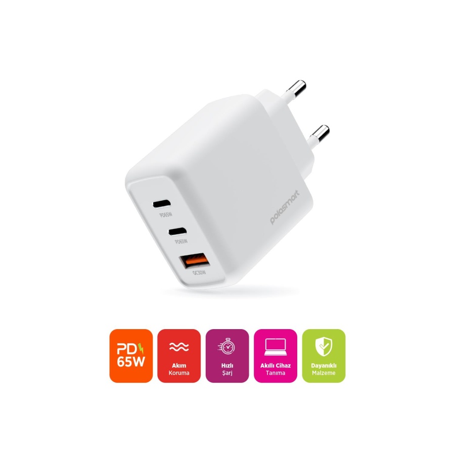 Polosmart PSM135 65W PD Hızlı Şarj Adaptörü 2 Type-C + USB Çıkış (3 Port) Güvenli Şarj Beyaz - 2