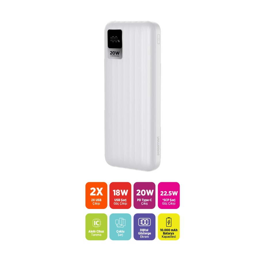 Polosmart PSM148 Taşınabilir 20W PD Çıkışı Dijital Ekranlı Şarj Cihazı Powerbank 10.000 mAh Beyaz - 2