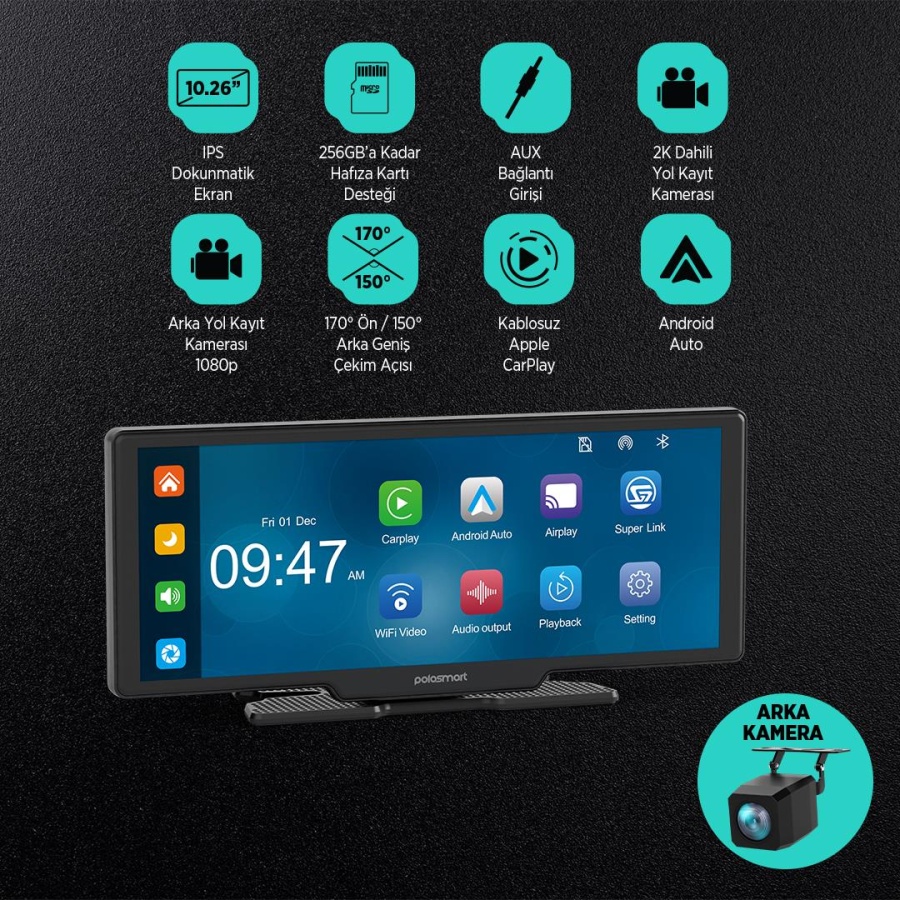 Polosmart PSM700 Araç İçi Akıllı Ekran Ön ve Arka Kameralı Kablosuz Carplay ve Android Auto Destekli - 3