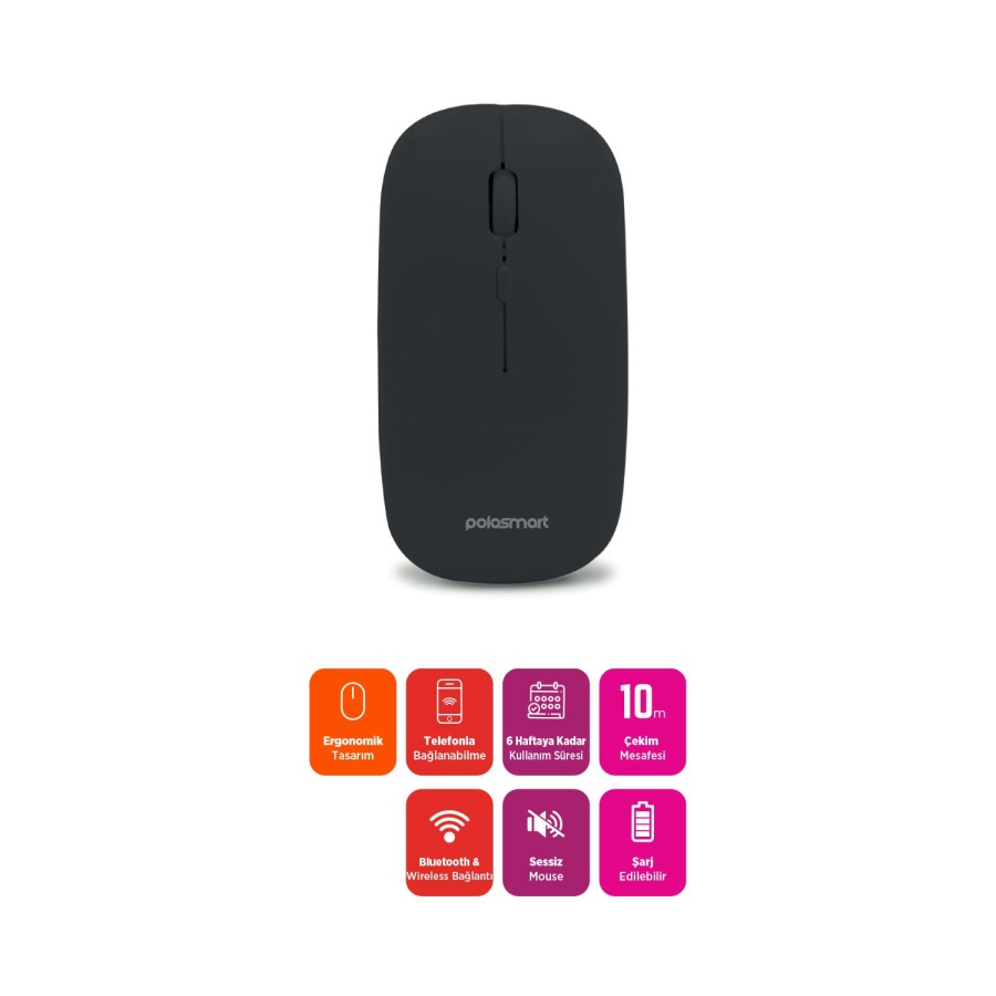 Polosmart PSWM13 Hybrid Bluetooth & Wireless Şarj Edilebilir Mouse Koyu Gri - 2