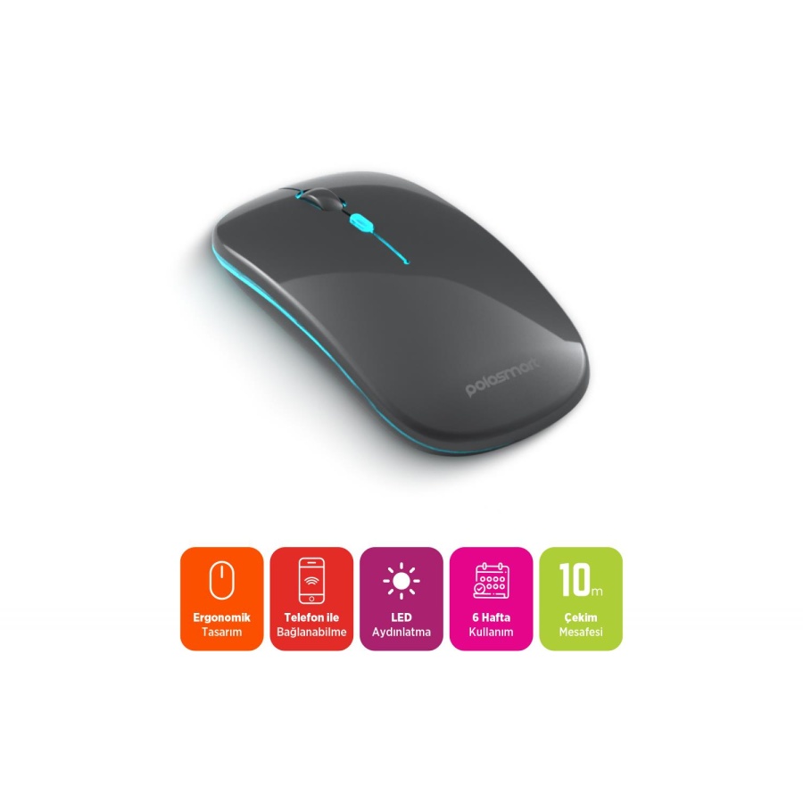 Polosmart PSWM20 Led Aydınlatmalı Sessiz Kablosuz Bluetooth 1600DPI Mouse Gri - 2