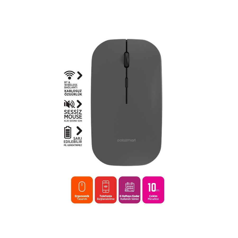Polosmart PSWM22 Kablosuz Şarjlı Hybrit BT & Wireless 1600 DPI Sessiz Optik Mouse Antrasit - 2