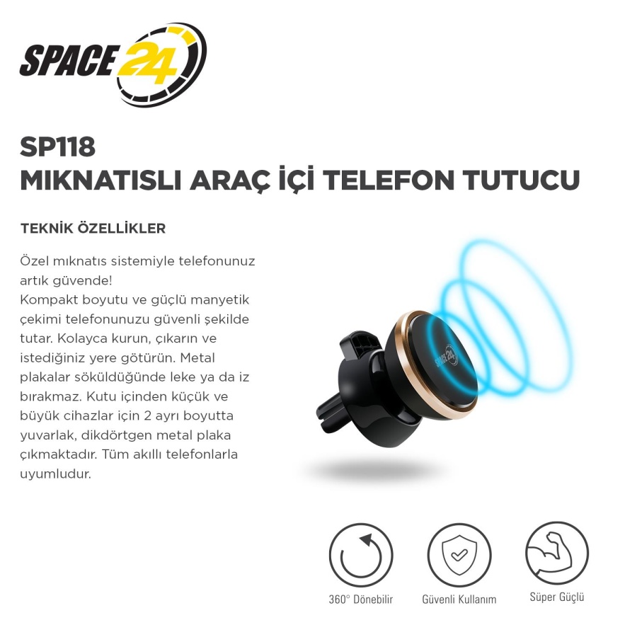 Space24 SP118 Mıknatıslı Araç İçi Telefon Tutucu Siyah - 3