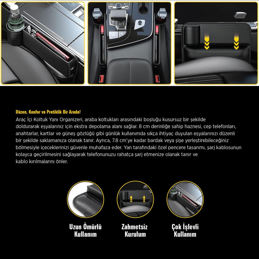 Space24 SP133 Araç İçi Koltuk Yanı Organizeri Bardaklık ve Telefon Şarj Girişli Siyah - 2